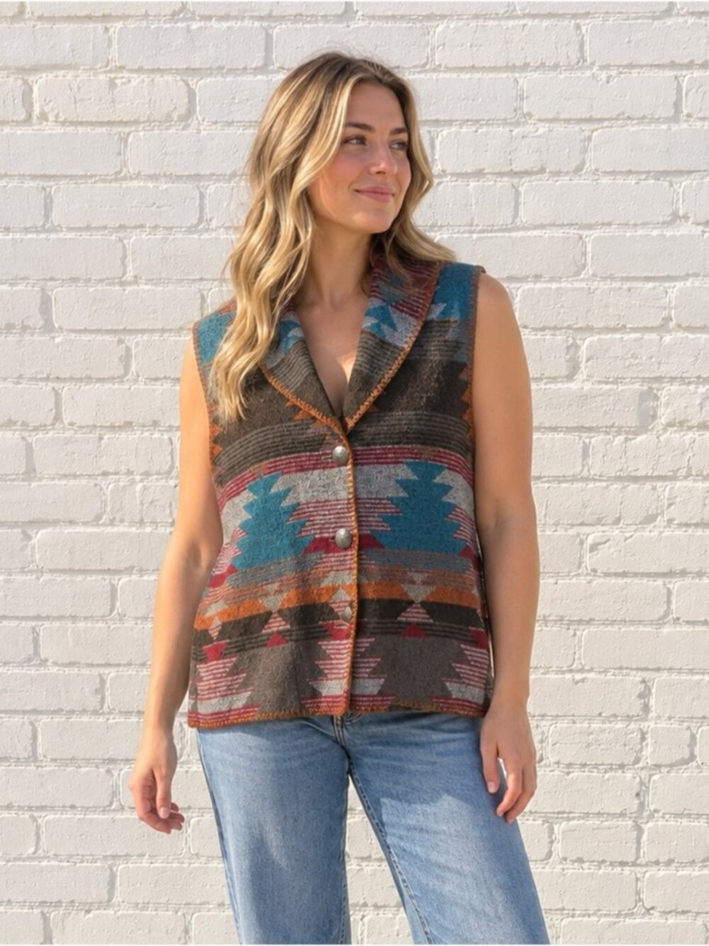 Vintage Women’s Size Large Wool Southwestern Aztec Blanket Vest Western Boho 90s
